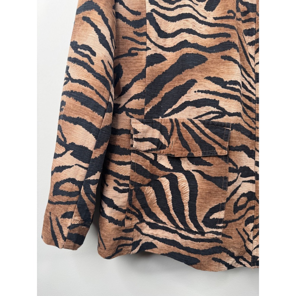 Silkland Woman 100% Silk Tiger Print Button Down Shirt Y2K Jacket Brown Black 3X